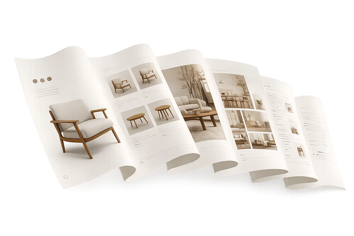 A generated multi-page product catalog, fanned out — one of the outputs Kyvo creates from an existing catalog