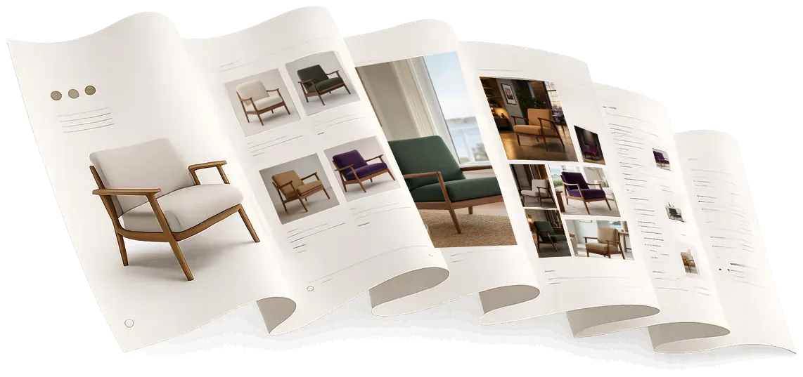 Six curling pages telling one chair's story: the chair, the same chair in four colours, placed in a living room, shown in more rooms, then its options and specification.