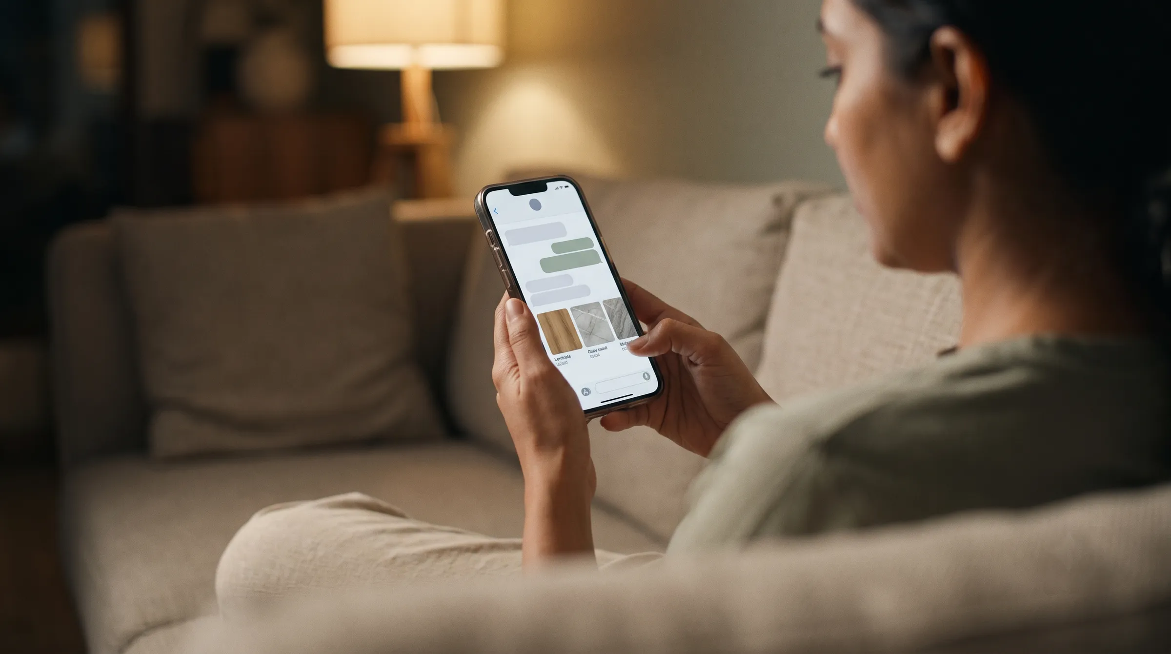 A woman on her sofa in the evening, chatting on her phone with a store's assistant that shows her three products.