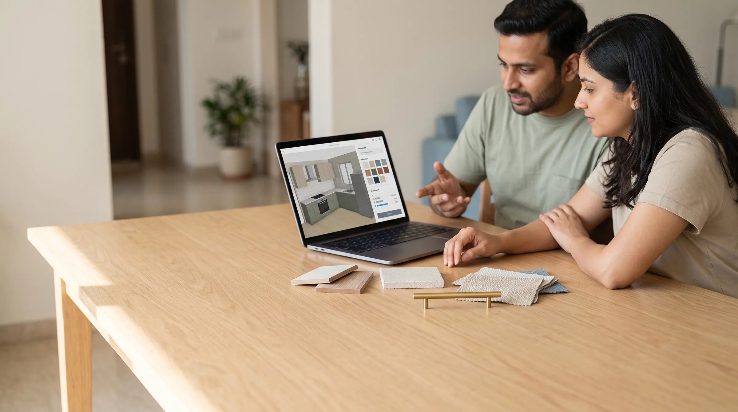 A couple at a dining table looking at a proposal on a laptop, with finish samples spread beside it.
