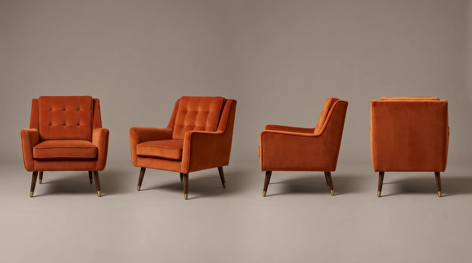 A rust velvet armchair from the front, three-quarter, side and back.