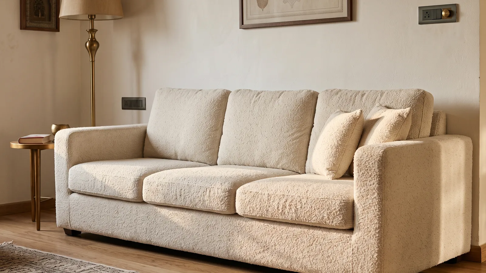 The same room, with cream bouclé on the sofa