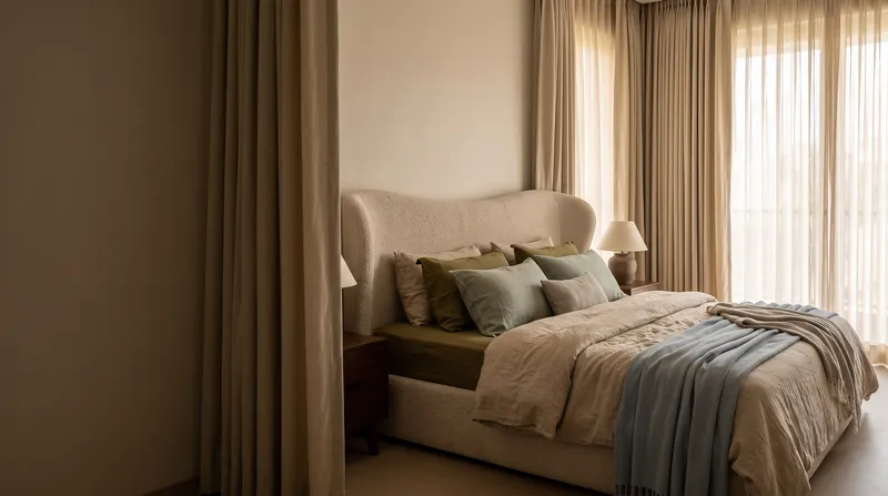 A bedroom with a bouclé headboard, linen bedding and layered curtains.