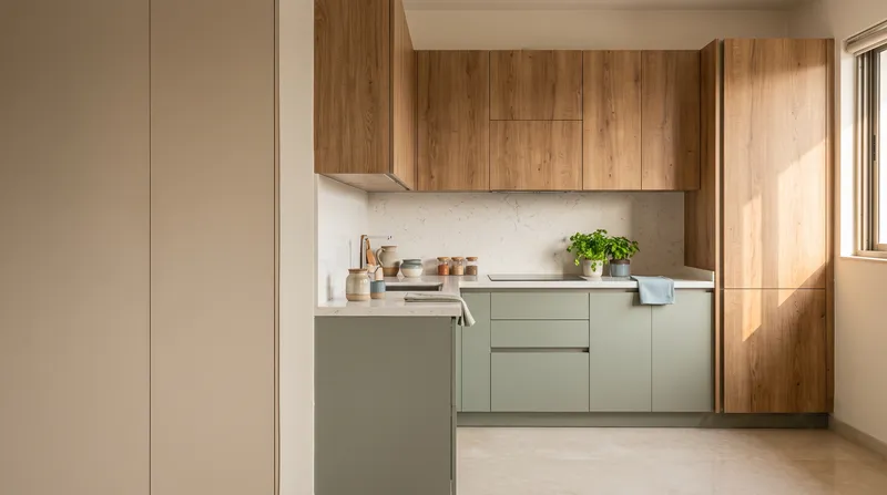 A kitchen with oak-grain laminate shutters and sage-grey lower cabinets.