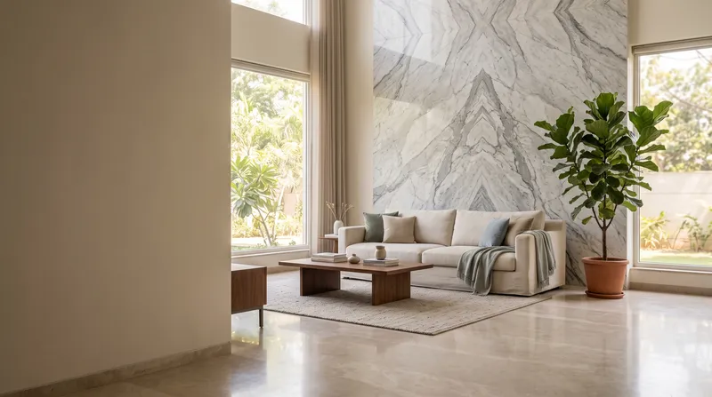 A living room with a grey-veined marble feature wall.