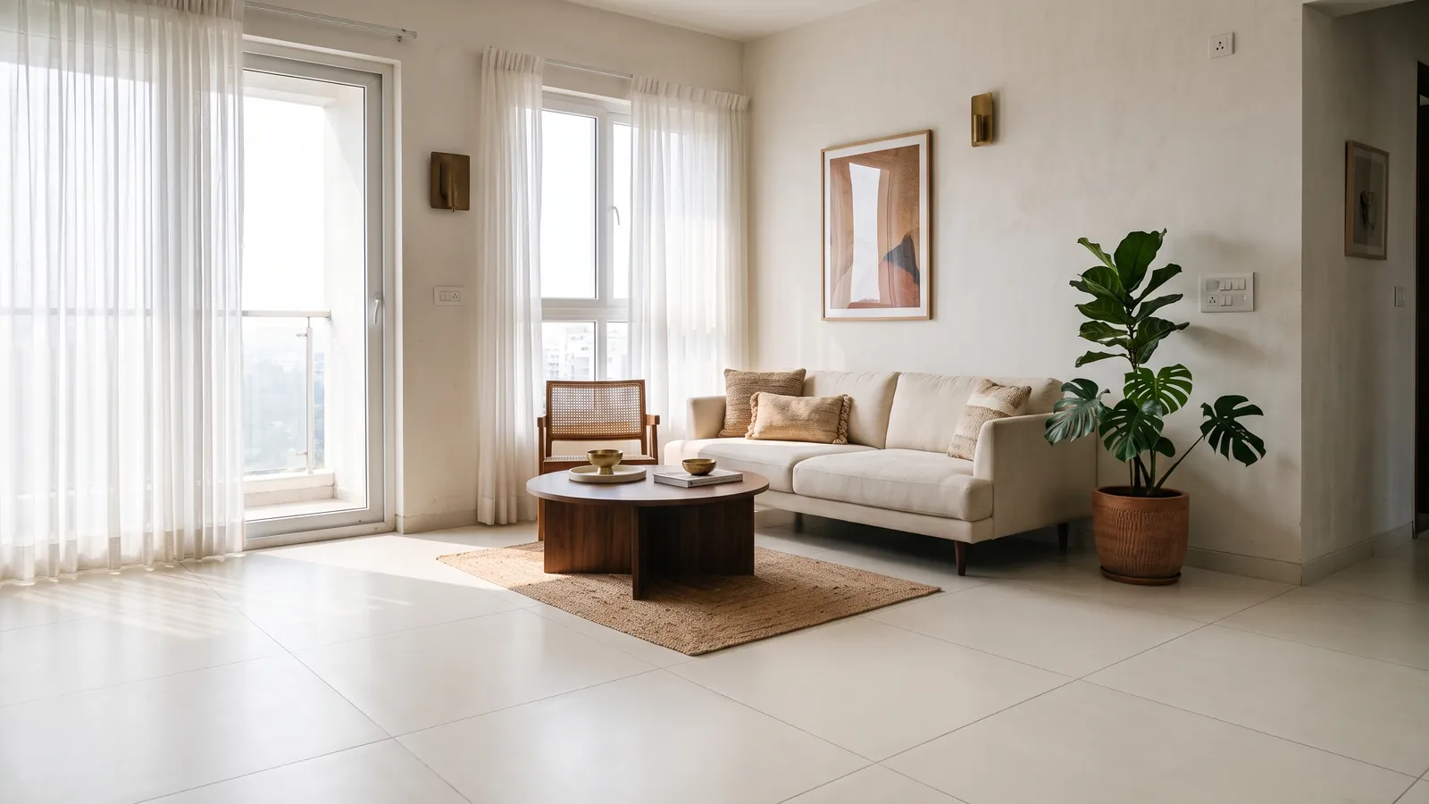 The same room, with ivory matte porcelain on the floor