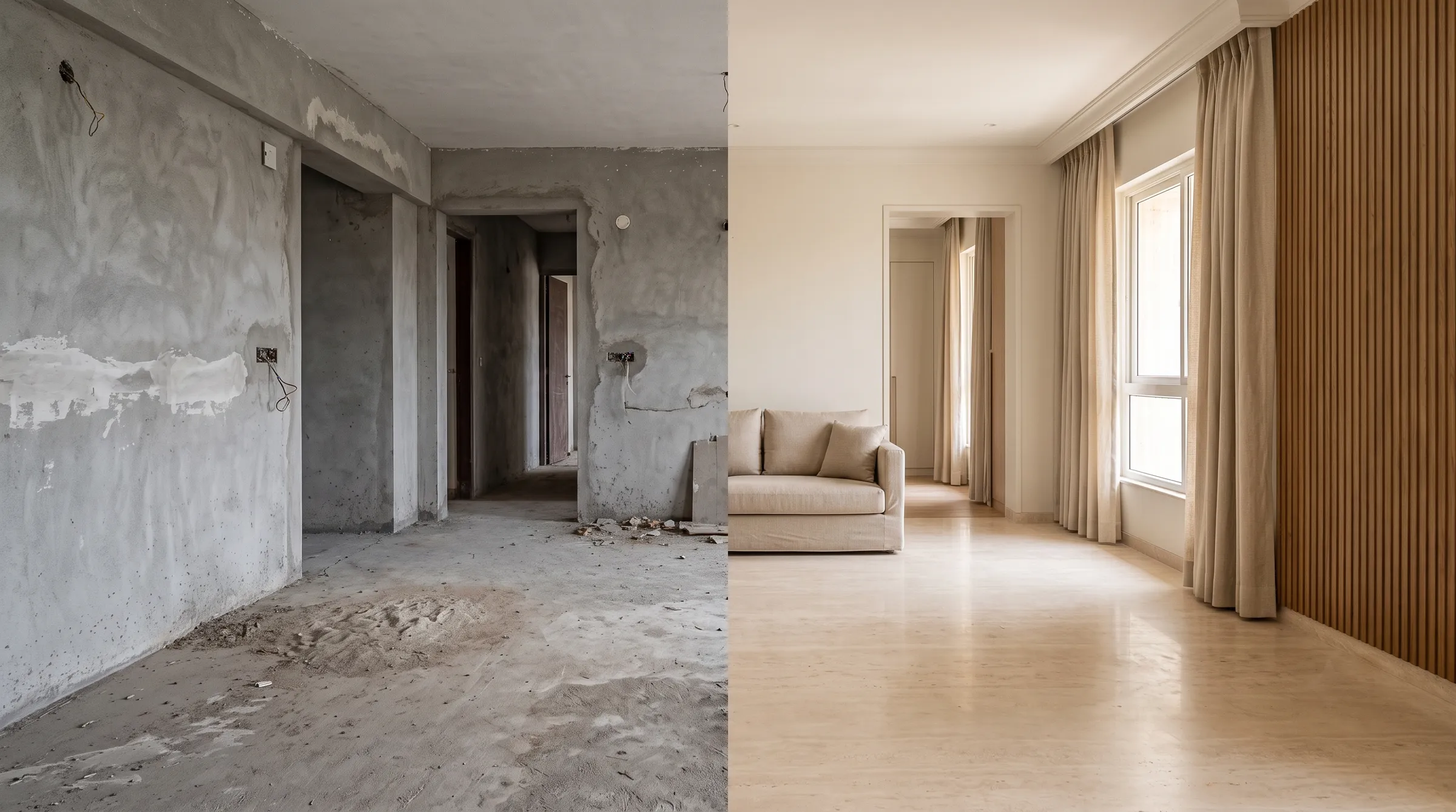 One living room shown half unfinished, in bare plaster and concrete, and half finished, with a travertine floor and an oak wall panel.