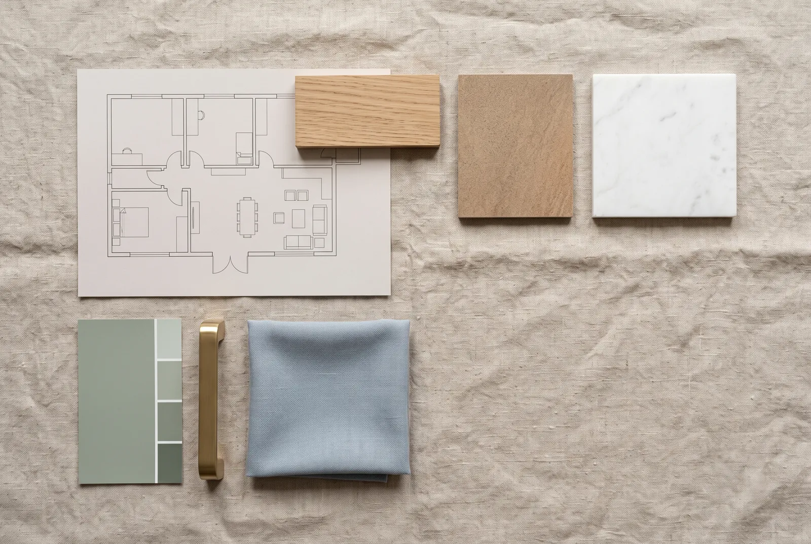 A floor plan with wood, laminate and marble samples, a paint card, a brass handle and fabric laid out together.